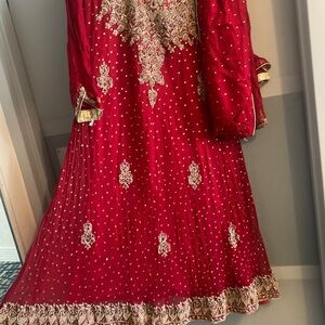 Red Embroidered Formal Anarkali Dress with Gold Detailing